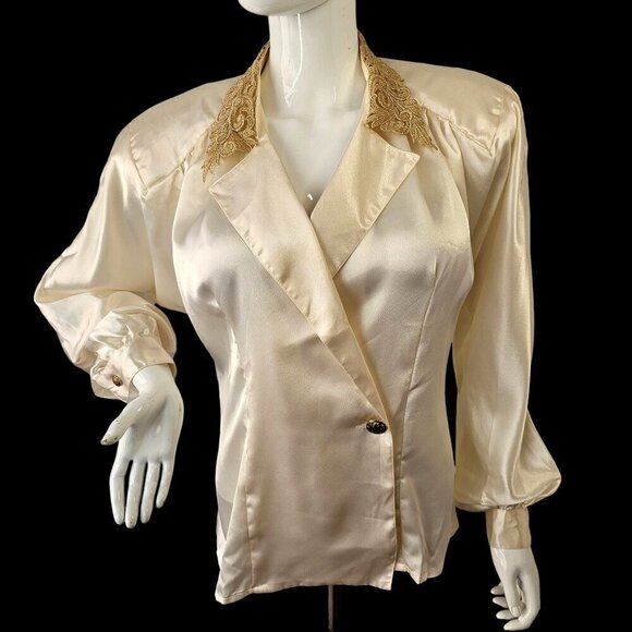 Nilani 80s Ivory Satin Blouse Women 12 Gold Lace Collar & Button Detail Long Slv - Picture 1 of 11